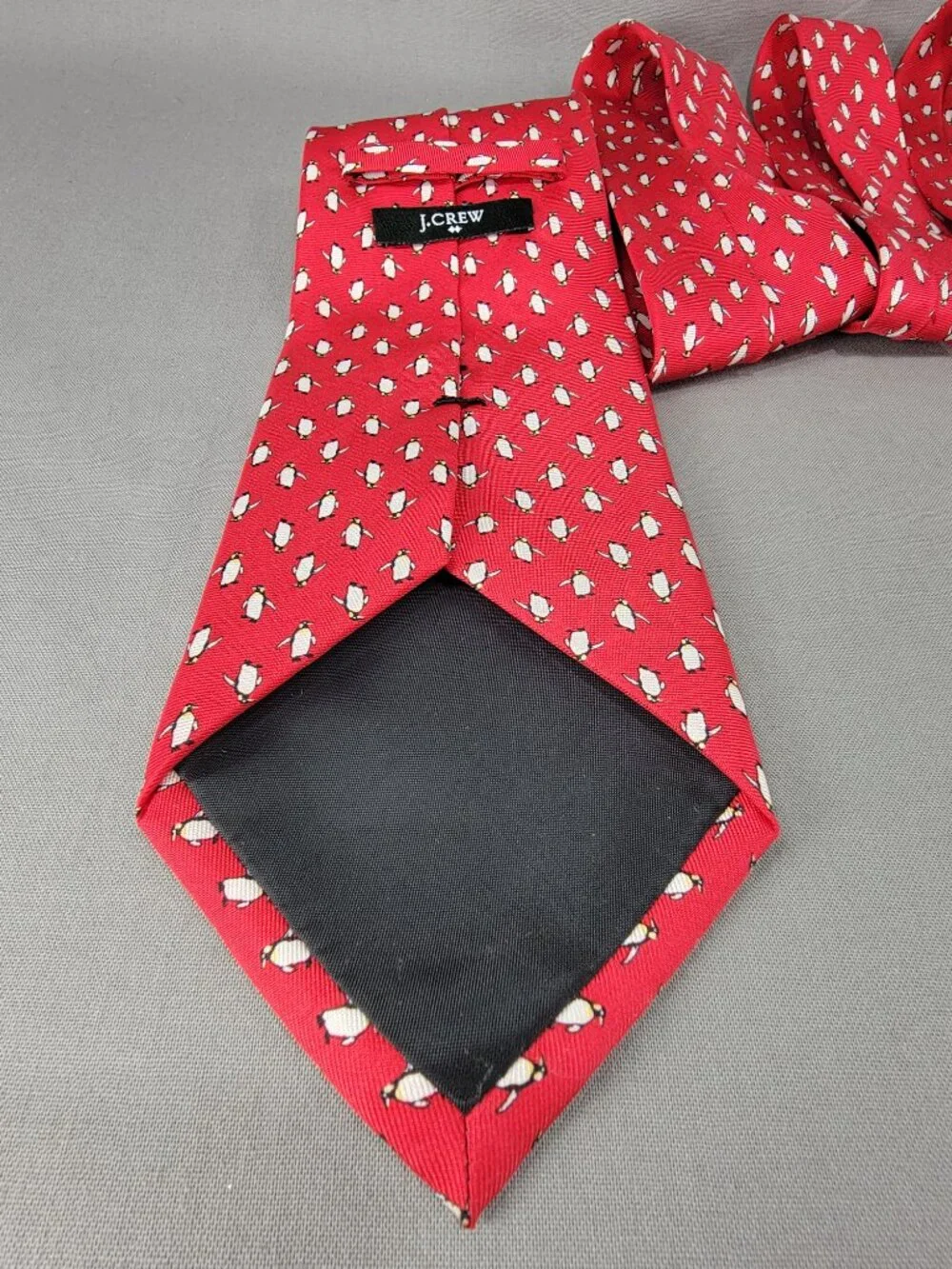 J Crew Silk Necktie Tie Mens Red White Penguin Print